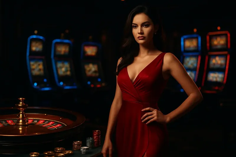 Beautiful woman in red dress standing confidently near roulette and slot machines in a luxury Bangladesh casino with neon lights, gold coins, and poker chips