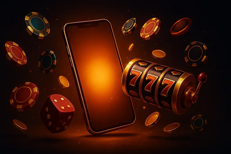 Panoramic banner with glowing smartphone, casino chips, slot reels, dice, and gold accents on dark background